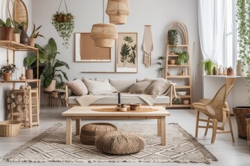 Boho open space decor in comfortable apartment with design gray couch, wooden desk, coffee table, plants, and attractive personal accessories. White wall poster frame mockup. Interior design