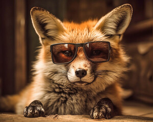 Süßer Fuchs mit Sonnenbrille mit Blick Richtung Kamera - obrazy, fototapety, plakaty