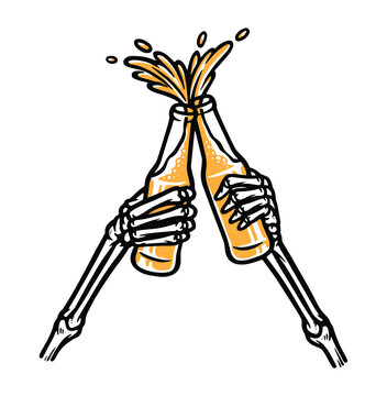 Skeleton hand holding a bottle of beer