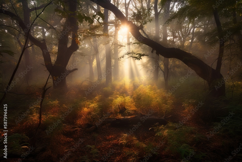 Poster a forest filled with lots of trees and a bright light coming through the trees in the distance on a 
