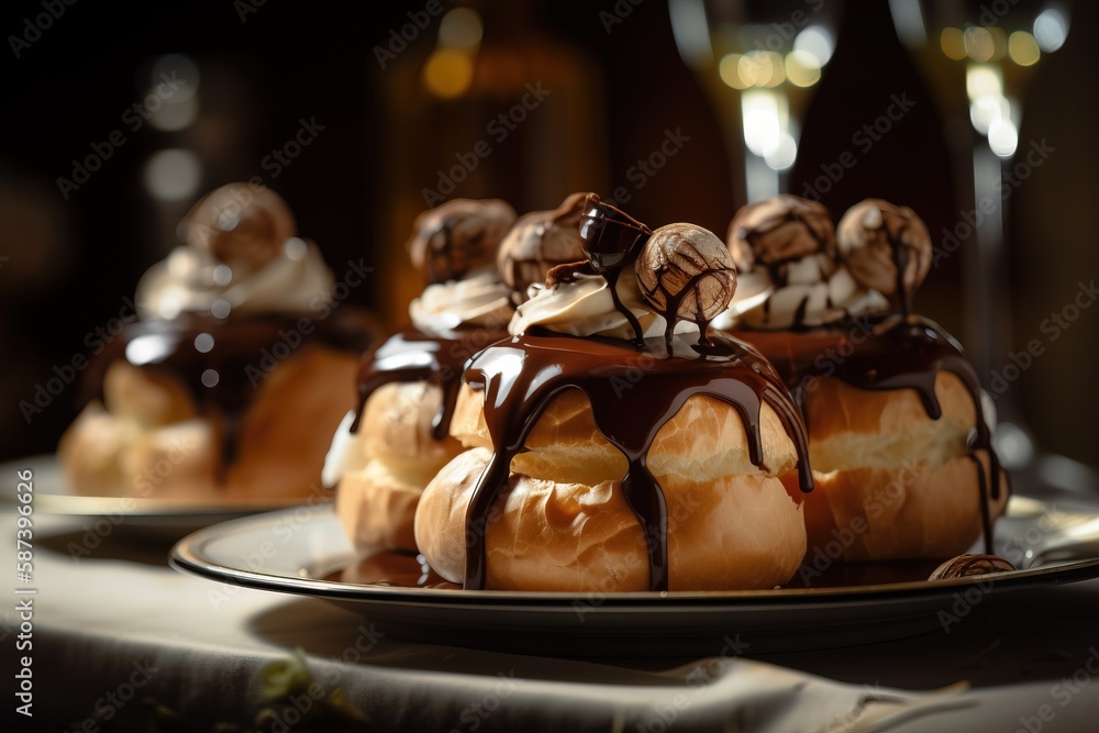 Poster a cake with chocolate icing on a plate with a glass of wine in the backgrouf of the picture and a gl