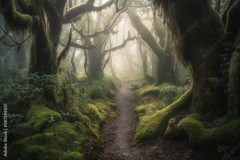 Aufkleber a path in a forest with moss growing on the ground and trees growing on the sides of the path and on