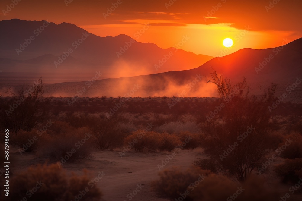Poster the sun is setting over the desert with mountains in the background and dust in the foreground, and 