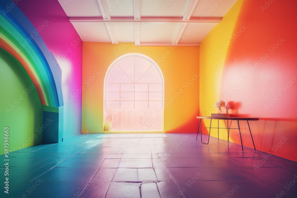 Poster a room with a table and a rainbow painted wall and a large arched window in the center of the room w