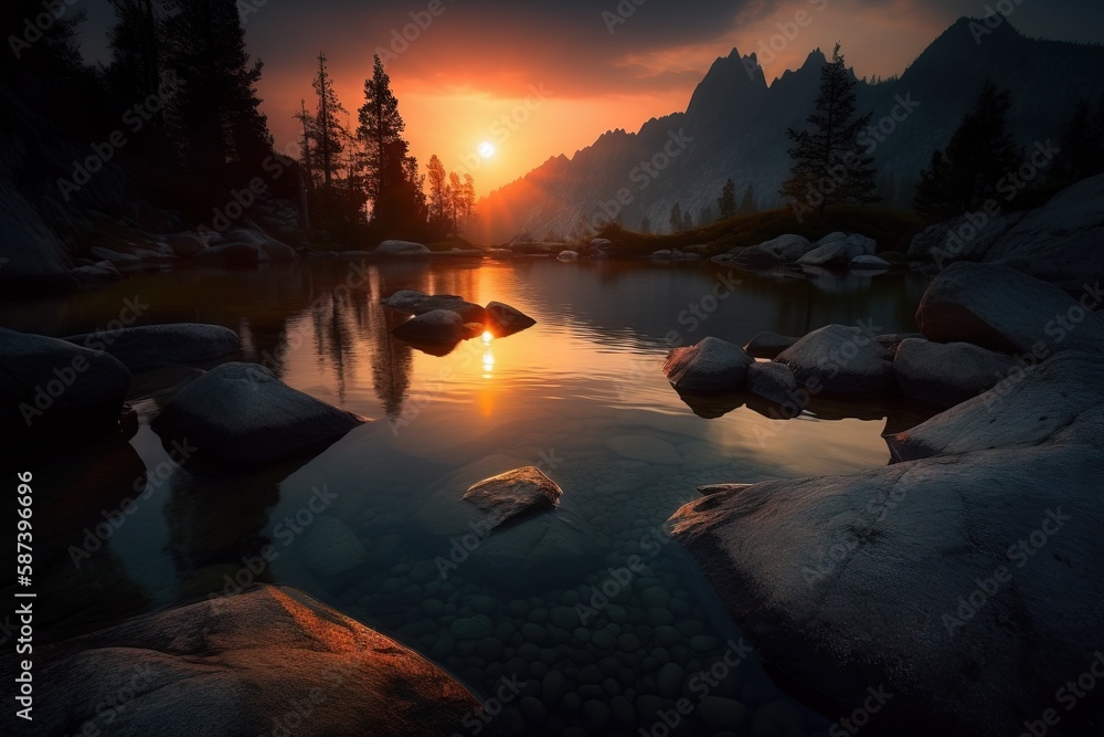 Poster the sun is setting over a mountain lake with rocks in the foreground and a mountain range in the dis
