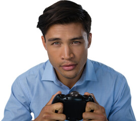 Close-up portrait of businessman playing video game