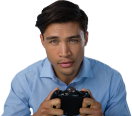 Close-up portrait of businessman playing video game