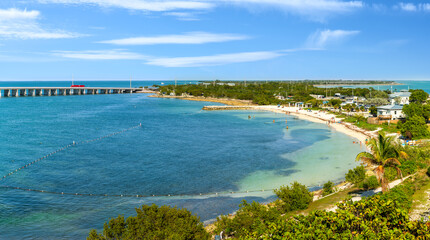 Aerial view of Calusa and Loggerhead beach in Bahia Honda State Park, Florida Keys, FL on a sunny...