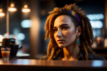 Fototapeta premium Portrait Professional brutal woman Barista with a fancy dreads and makes coffee in a modern coffee shop. Generative AI