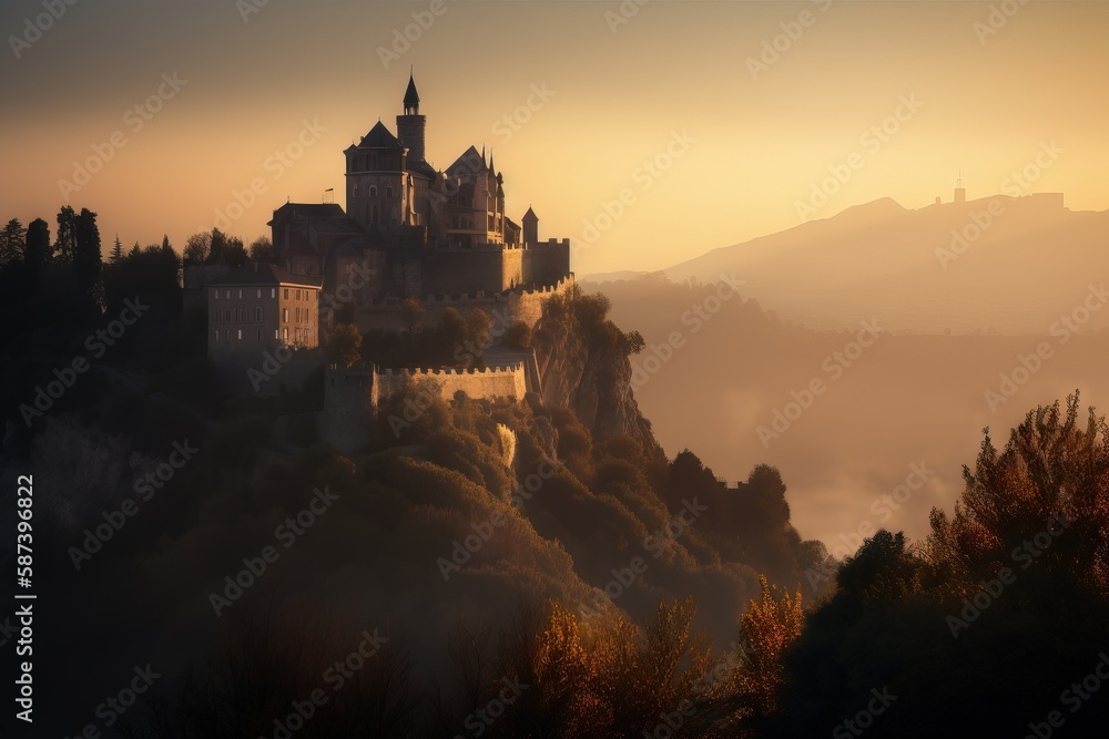 Poster a castle on top of a hill with trees in the foreground and a foggy sky in the background, with a few