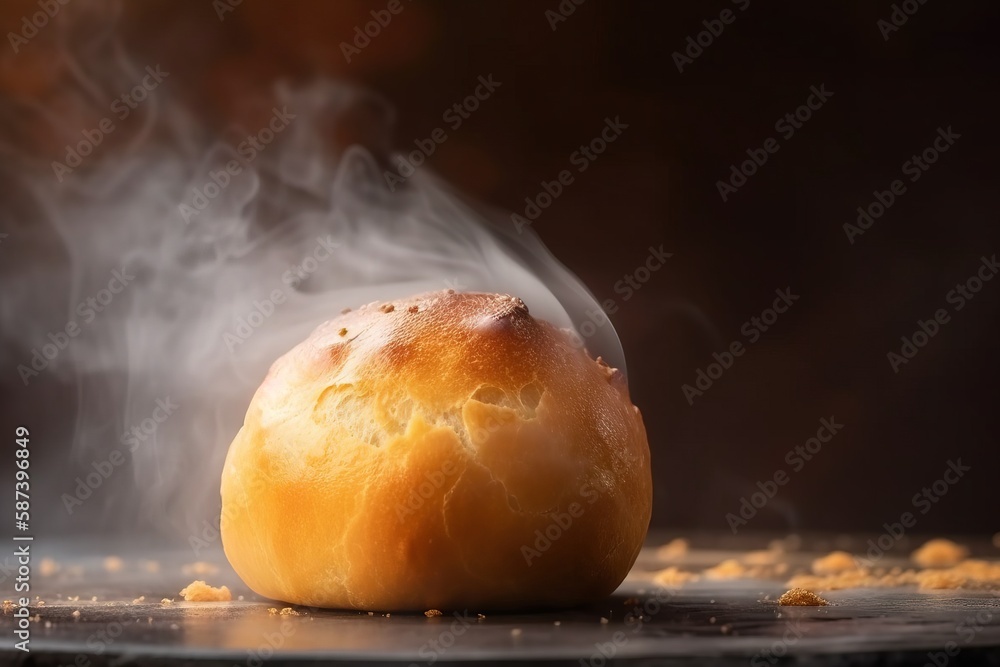 Poster a loaf of bread with smoke coming out of the top of it on a wooden table with a black background and