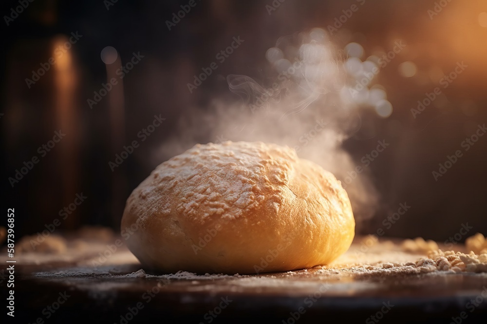 Poster a close up of a doughnut on a table with steam coming out of the top of the doughnut and on top of t