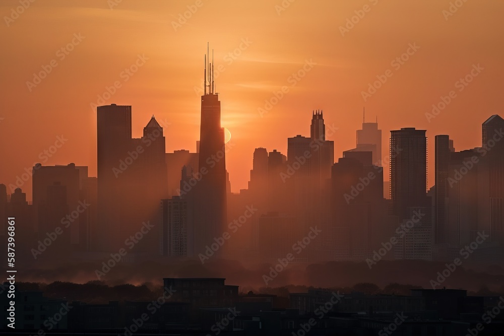 Aufkleber the sun is setting over a city with skyscrapers in the background and fog in the foreground of the p