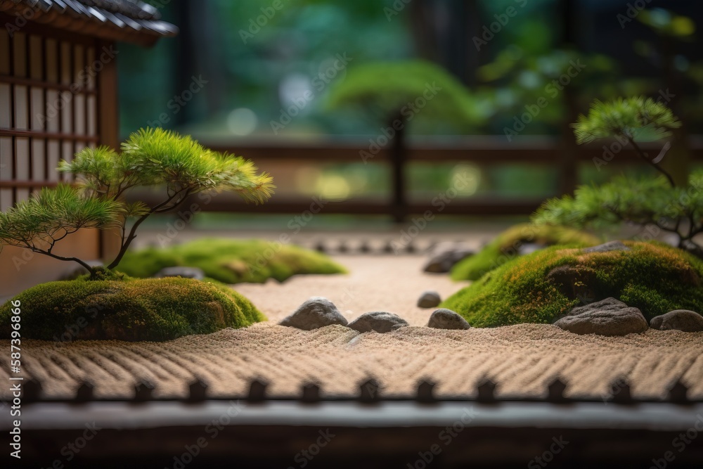 Poster a japanese garden with rocks and trees in the foreground and a small building in the background with