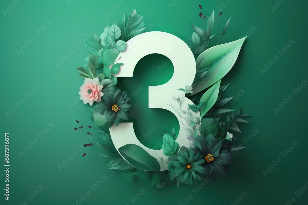Aufkleber the number three with flowers and leaves on a green background with a shadow of leaves and flowers o