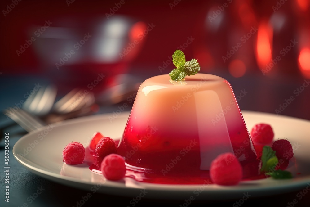 Poster a dessert with raspberries on a plate with a fork and spoon in front of the plate is a red backgroun