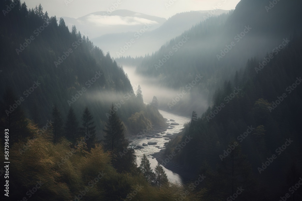 Poster a view of a river in the middle of a forest