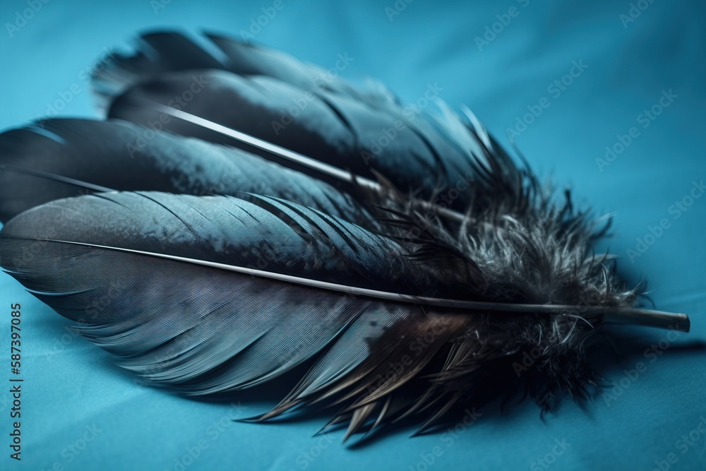 Poster a close up of a feather on a blue background with a black feather on the tip of the feather and a bl