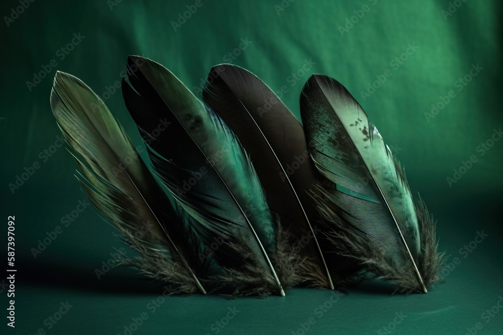 Poster a group of three feathers sitting on top of a green surface next to a green wall with a green backgr