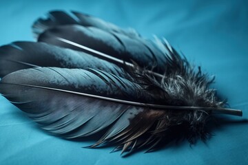  a close up of a feather on a blue background with a black feather on the tip of the feather and a black feather on the tip of the feather.  generative ai