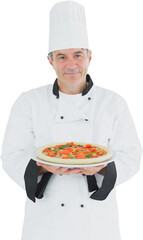 Portrait of smiling male chef holding food in plate
