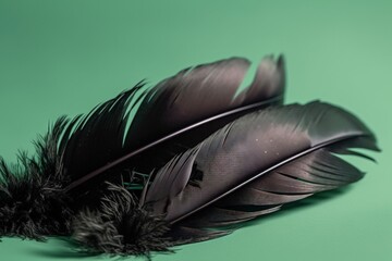  a black feather resting on a green surface with a shadow of a bird's tail on the side of the feather and the rest of the feather.  generative ai