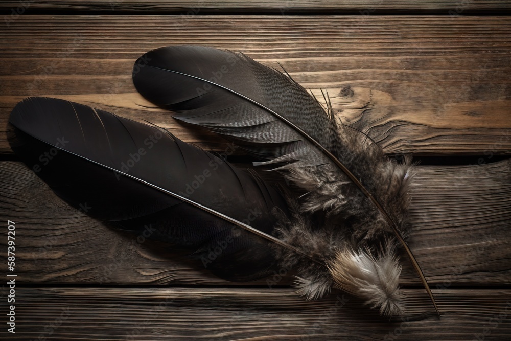 Poster two feathers on a wooden surface with a black background and a white one with a brown center and one