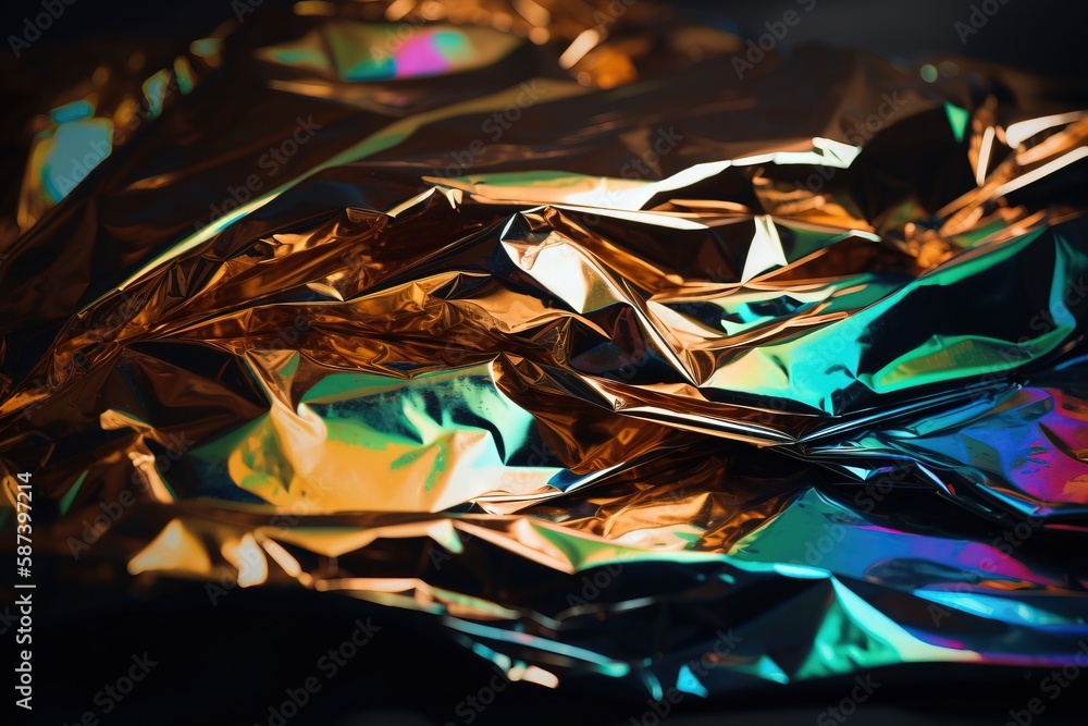 Poster a close up of a shiny surface with many colors of metallic foil on top of the surface and a black ba