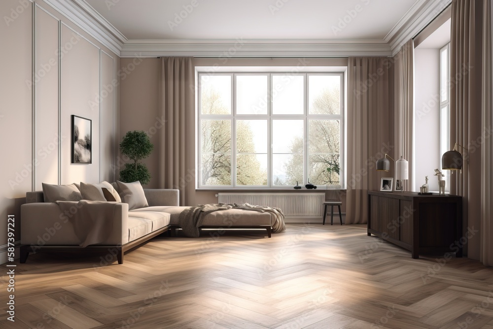 Poster a living room with a couch, chair, and a table in it with a large window in the corner and a wooden 