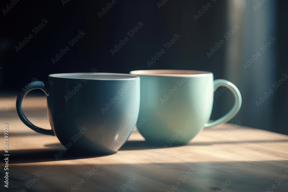 Poster two coffee cups sitting on top of a wooden table next to each other on a wooden table with a window 