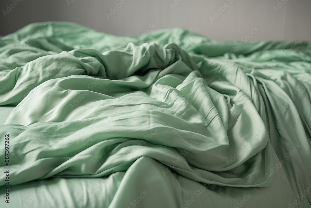 Poster a bed with a green comforter and a white pillow on top of it and a gray wall in the background with 