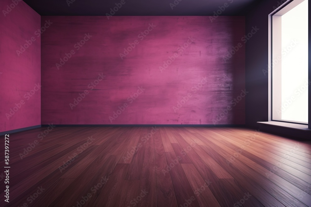 Poster an empty room with a pink wall and wooden floor and a window with a bright light shining in the wind