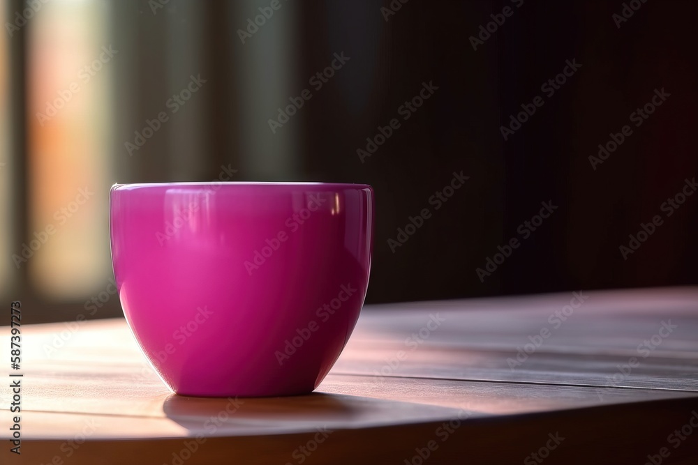 Poster a pink cup sitting on top of a wooden table next to a window with curtains in the backgroup of it an