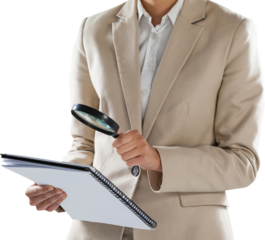 Businesswoman looking at document through magnifying glass