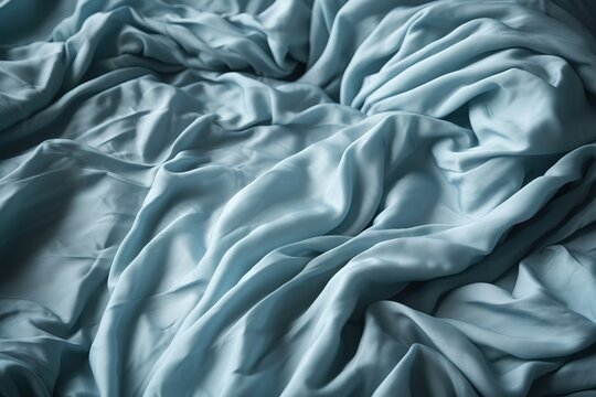  A Close Up Of A Bed With A Blue Comforter On It's Bed Cover And A Pillow On Top Of The Bed With A White Sheet.  Generative Ai