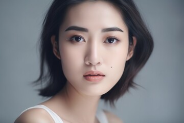 Fototapeta premium Beautiful young Asian woman with clean fresh skin isolated on white background, Face care, Facial treatment, Cosmetology, beauty and spa, Asian women portrait generative ai