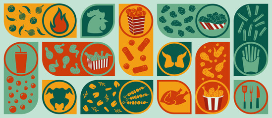 New vector-illustrated fried chicken banner design for social media marketing of a restaurant or hotel. including pizza, french fries, soda, and fried chicken. perfect for posters, covers, background. © Kadiya