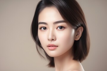 Fototapeta premium Beautiful young Asian woman with clean fresh skin isolated on white background, Face care, Facial treatment, Cosmetology, beauty and spa, Asian women portrait generative ai