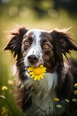 Closeup of dog and daisy flower, spring concept. Generative AI