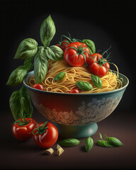 Bowl of spaghetti with fresh tomatoes and basil. Generative AI