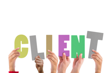 Colorful alphabet spelling client held up by people 