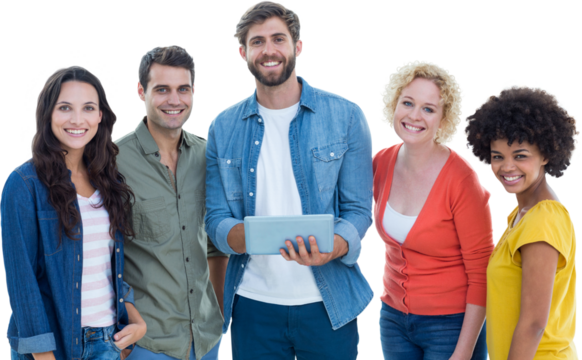 Creative colleagues with laptop and digital tablet