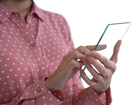 Mid section of female executive holding a glass smartphone - Powered by Adobe