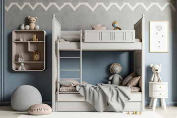 Modern interior design of woman or childrens bedroom with bunk. Super photo realistic background, generative ai	illustration
