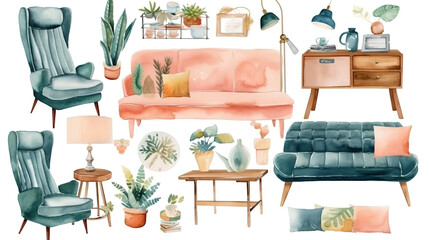 watercolor illustration. Mood board with modern furniture. Generative Ai