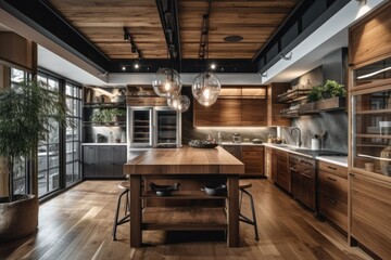 Fototapeta na wymiar OAK PARK, IL, USA MARCH 3, 2021 A stunning kitchen with a wood slat ceiling, adjustable island, and Bertazzoni equipment. Generative AI