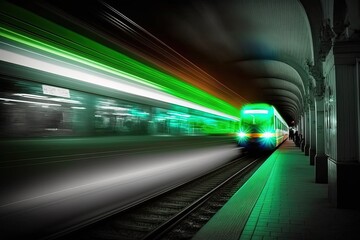 Subway metro station.  Train in fast speed. Generative Ai