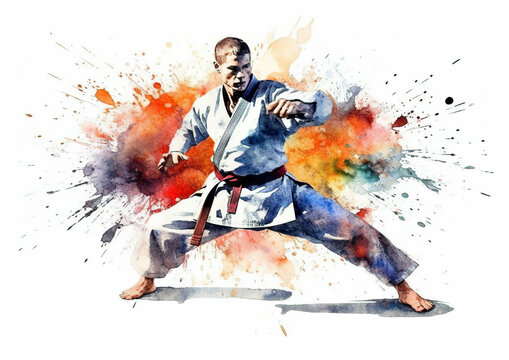 Martial arts are various sports or skills, mainly of Japanese origin, developed as forms of self-defense or attack, such as judo, karate and kendo.Watercolor,colorful paint splash with AI generated.
