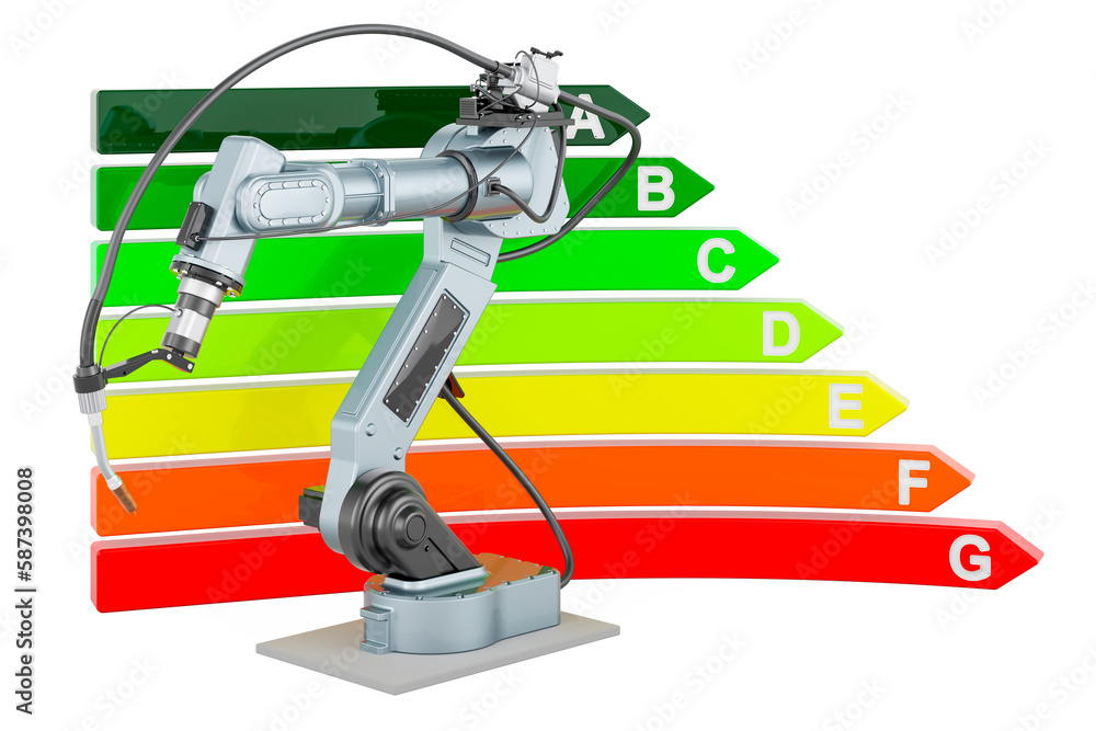 Aufkleber robot welding with energy efficiency chart, 3d rendering
