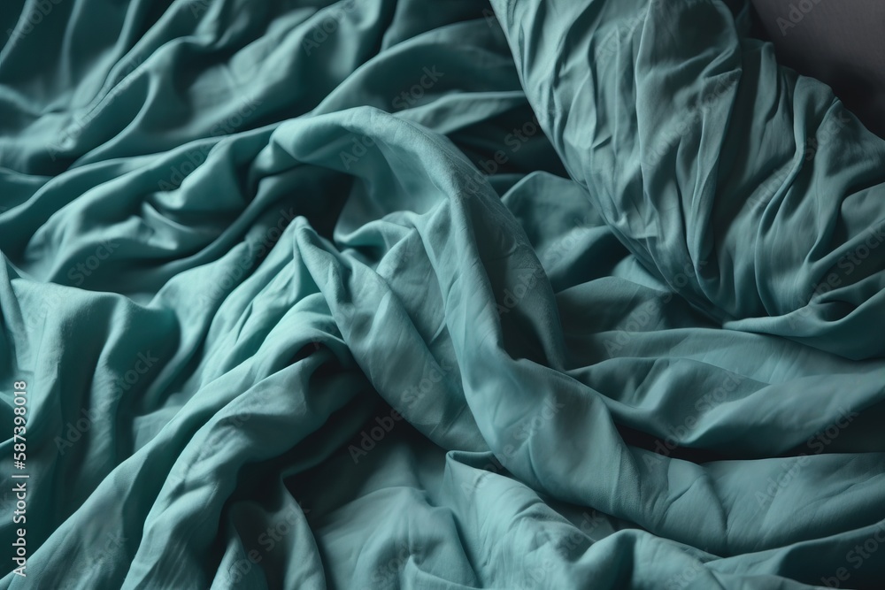 Poster  a close up of a bed with a blue comforter on it's bed spread and a pillow on the bed with a pillow on top of it.  generative ai